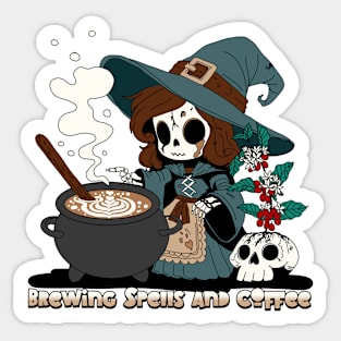 Witch Brewing up Spells and Coffee Sticker